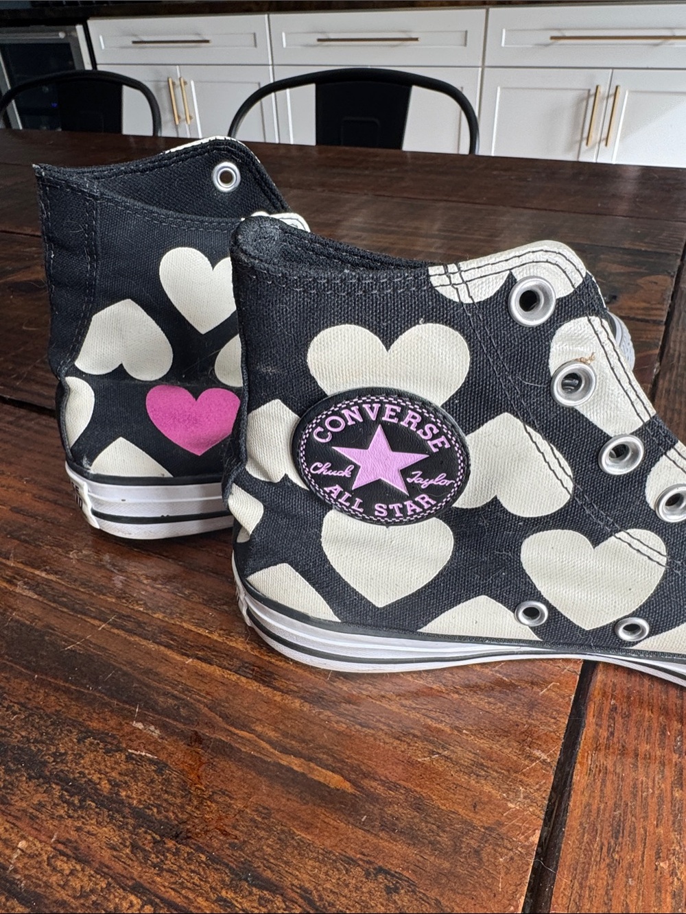 Converse- Heart-Print High-Top Sneakers - Black with White & Pink Hearts